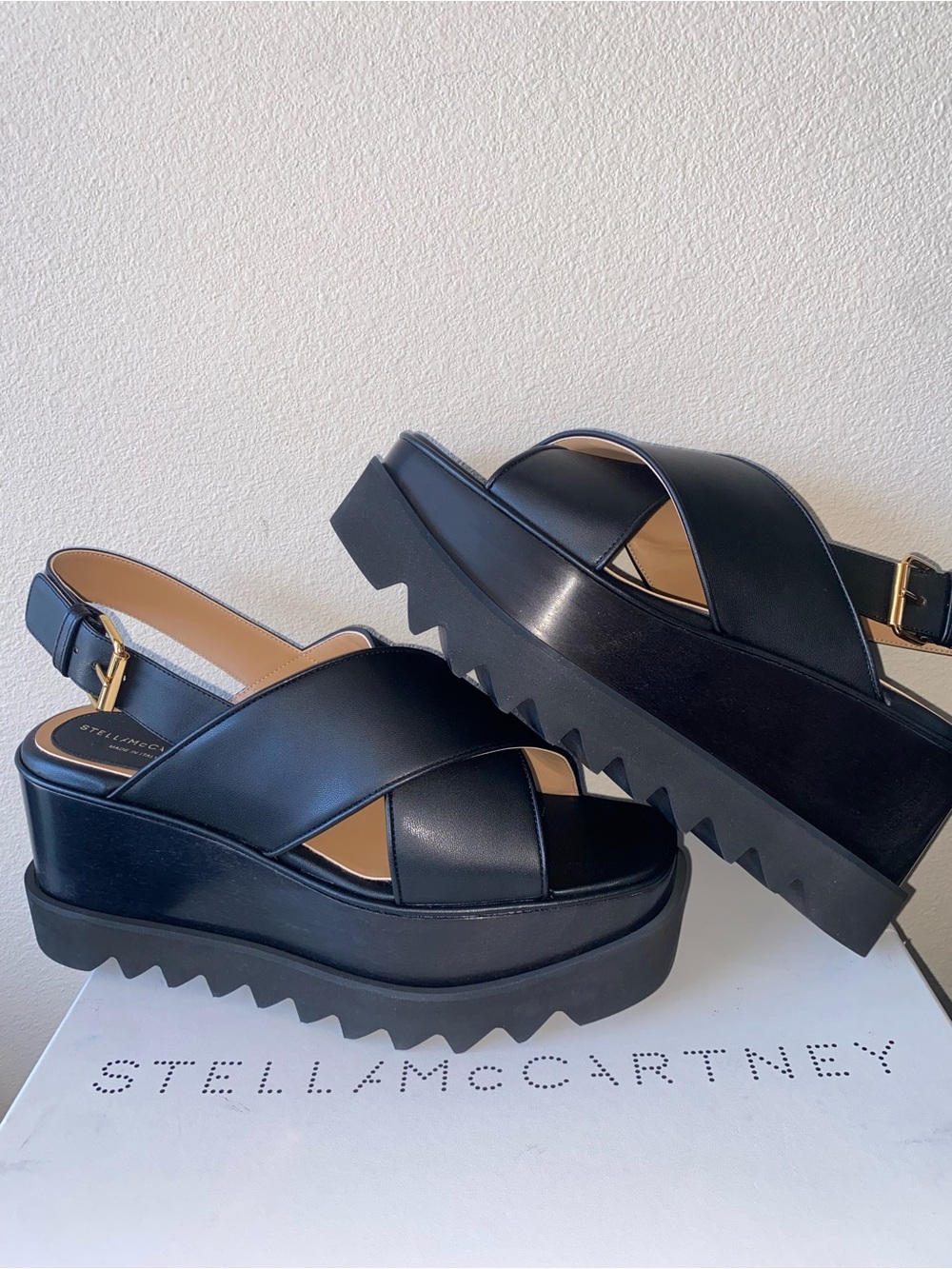 Stella McCartney “ELYSE” Black Crisscross Platform Slingback Sandals Sz 8.5